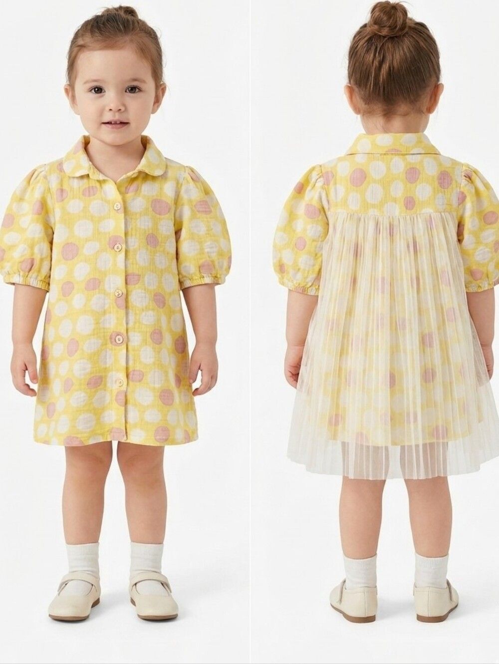 Open Edit Toddler Polka Dot Organic Cotton Dress Tulle Back Yellow Pink 2T